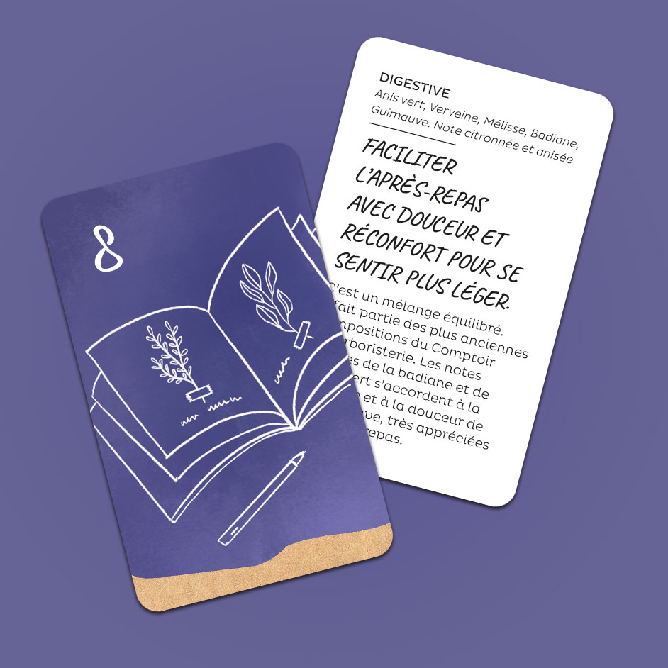 carte, illustration d'un carnet d'herboriste et texte informatif sur les bienfaits de la plante 
