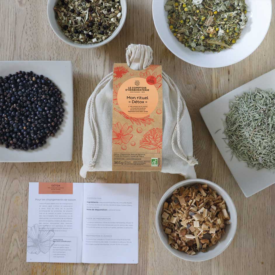 Pochon mon rituel Détox entouré de plantes aromatiques et médicinales. 