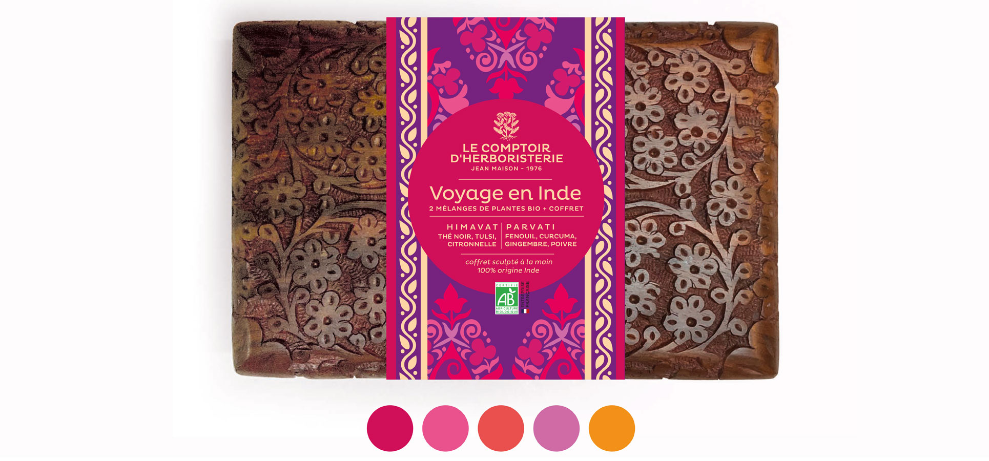 habillage graphique d'un coffret en bois ciselé, écrin de plantes aromatiques et médicinales indiennes habillage graphique d'un coffret en bois ciselé, écrin de plantes aromatiques et médicinales indiennes