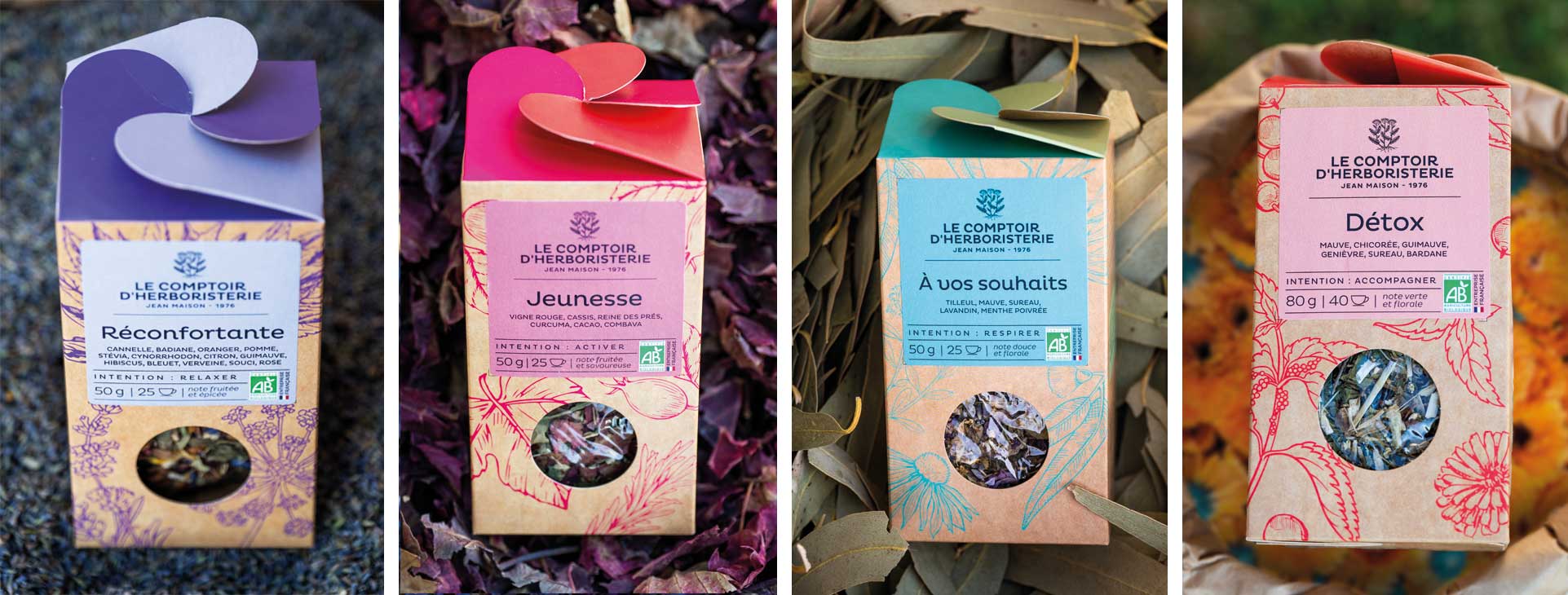vue d'ensemble d'une gamme de packaging de tisanes entouré de plantes en vrac