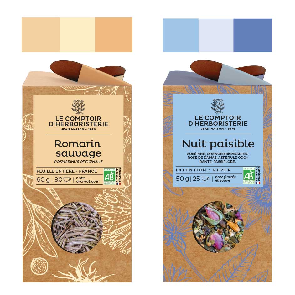 mock-up de boite de tisane bio bleu et beige