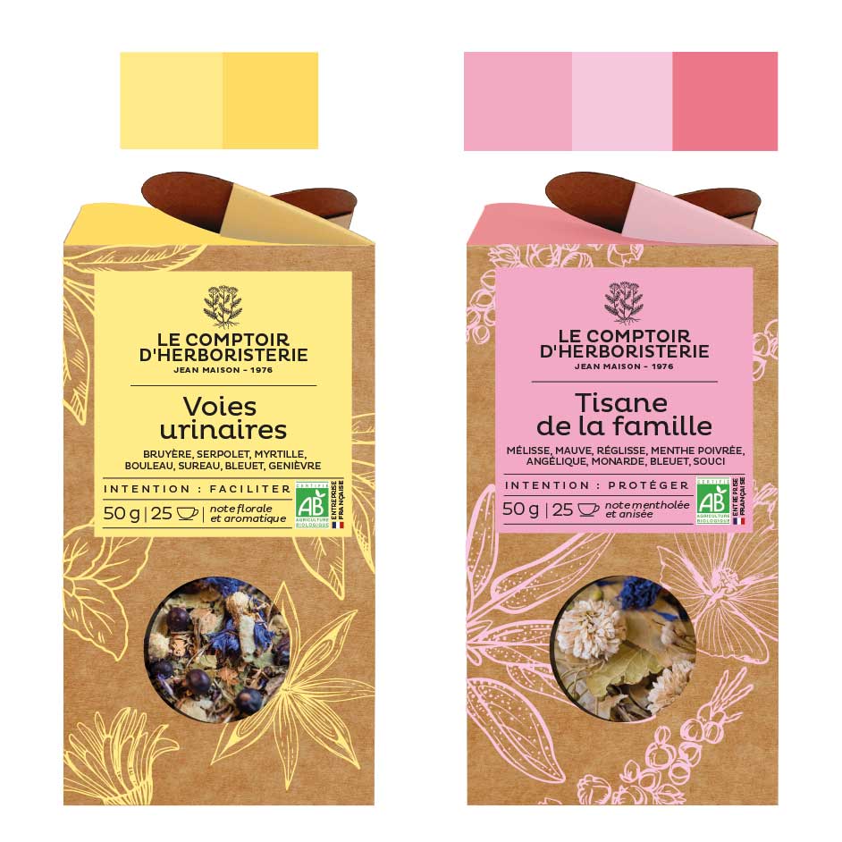 mock-up de boite de tisane bio jaune et rose