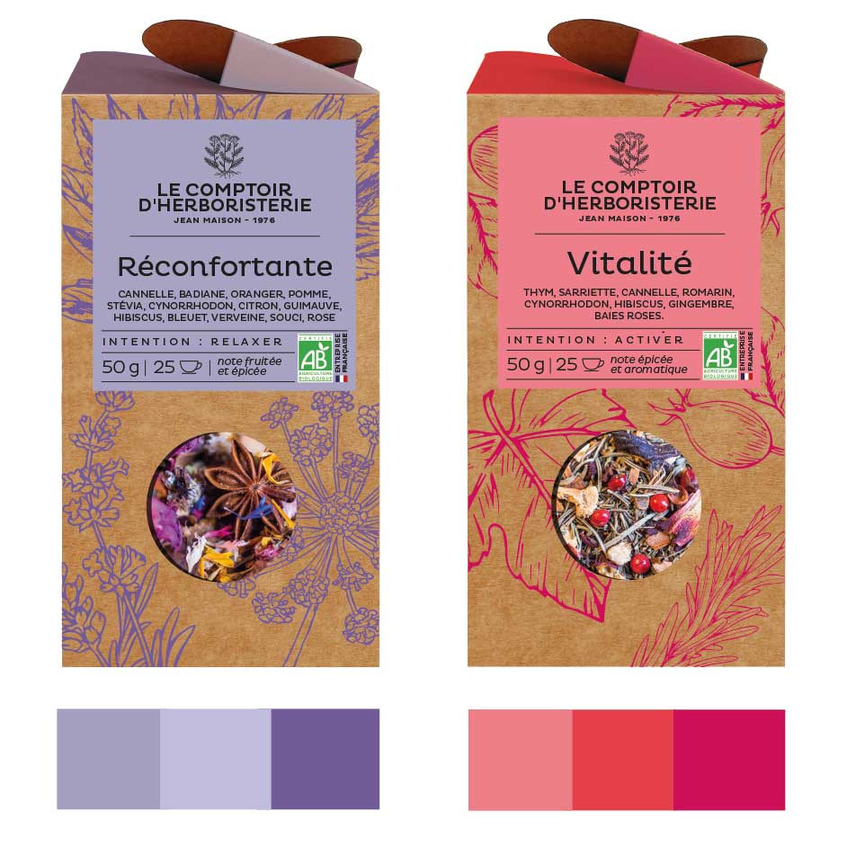 mock-up de boite de tisane bio violet et rouge